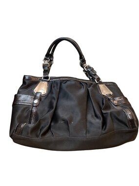 B Makowsky wms Vtg black leather canvas silver hobo shoulder handbag SKU 10537